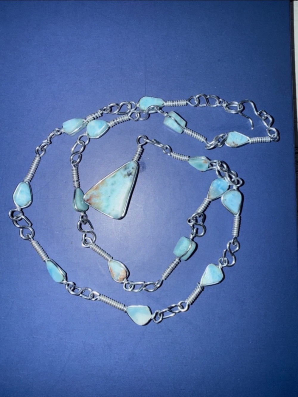 Caribbean Larimar silver wire wrapped Stone Necklace, triangle, tear drop 12”